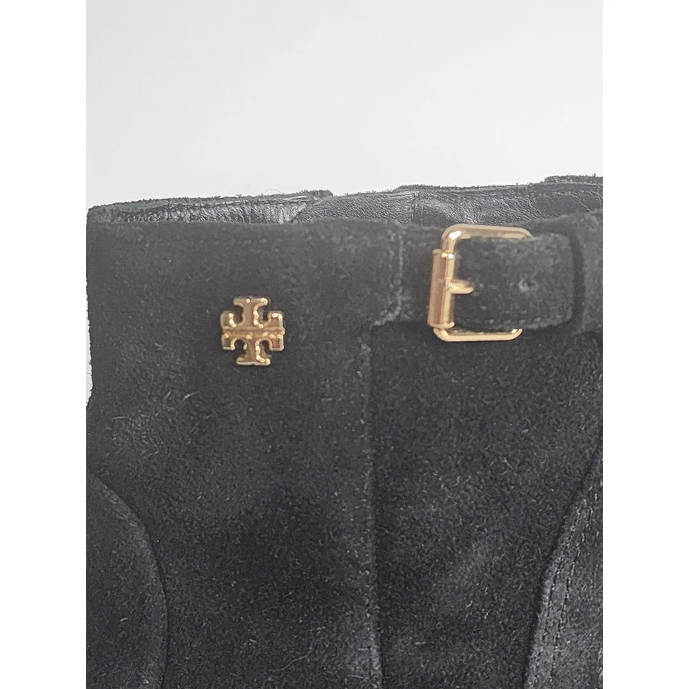 Tory Burch Milan Black Suede Ankle Boots Gold Hardware Block Heel 7 31138372